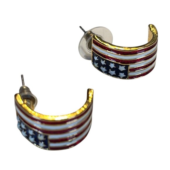 American Flag Gold-Tone Crescent Hoop Earrings With Stud Backings - Picture 8 of 8